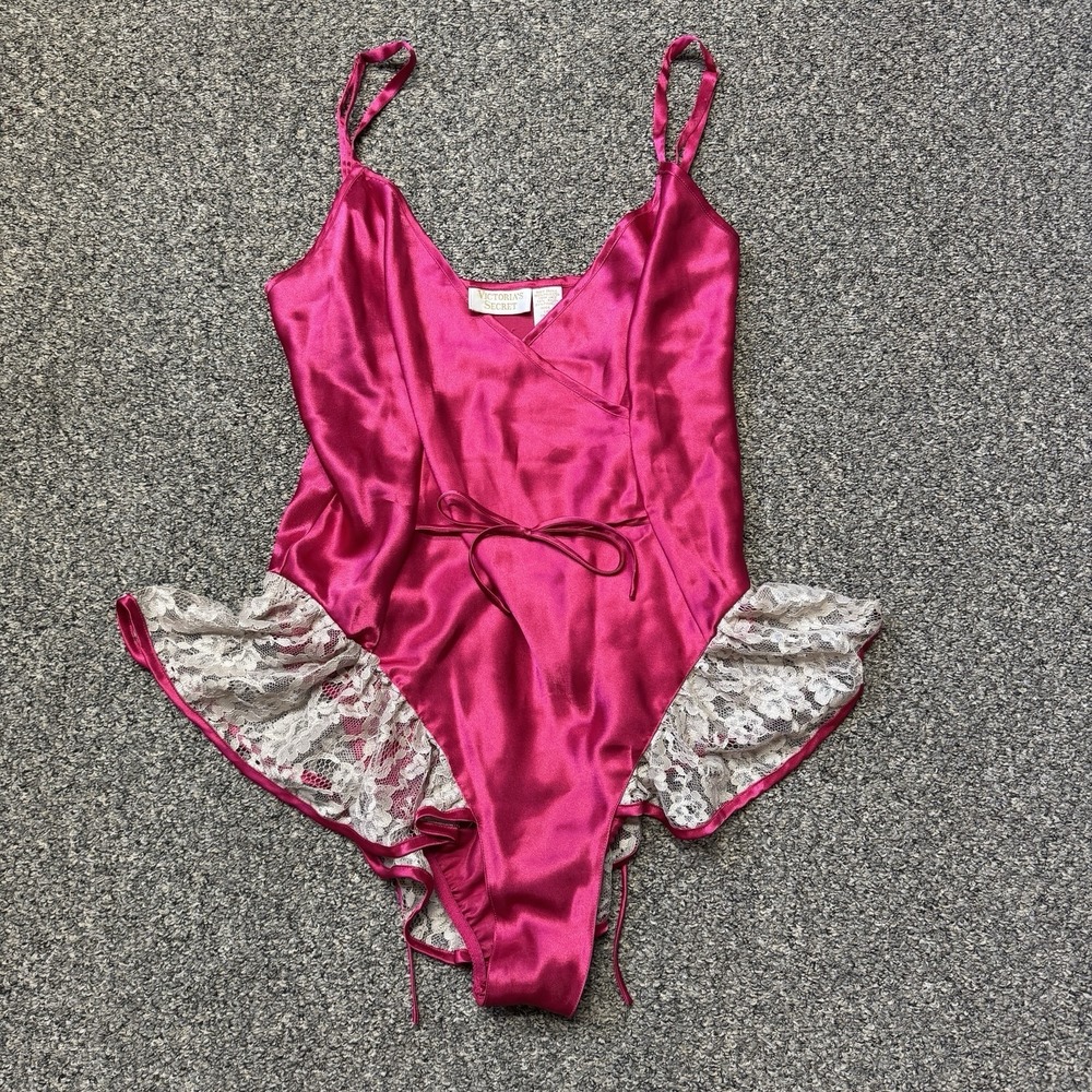 Vtg Victoria Secret Satin Teddy Glossy Fuchsia 1989 Era Bodysuit Gold Label LG